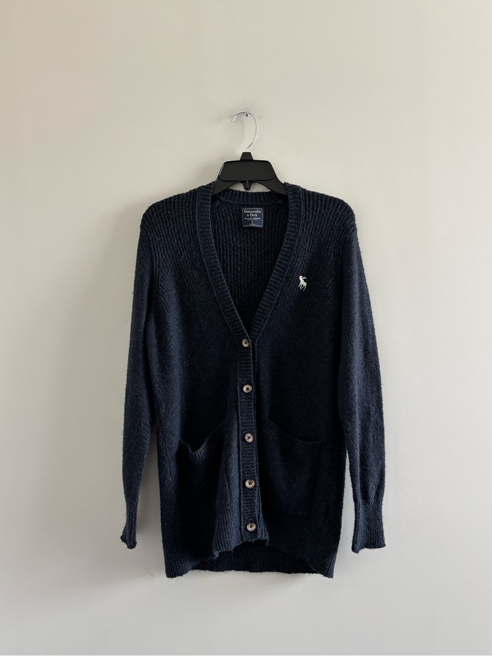 Y2K VTG Abercrombie & Fitch Cardigan Sweater Navy Blue Women S Preppy Moose Logo